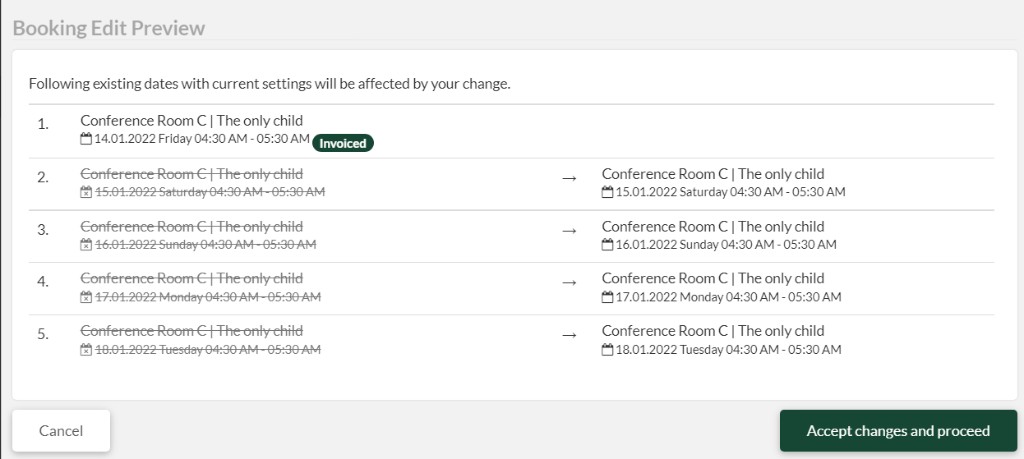 Booking edit preview info window: left column with the booking instances of the existing booking, first instance marked as Invoiced, further instances struck through with an arrow pointing to the right column showing the instances of the new booking, plus the Cancel and Accept changes and proceed buttons