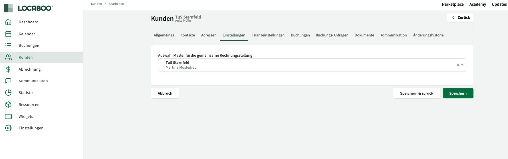 Kundenprofil im Bearbeitungsmodus, Reiter Einstellungen geöffnet, Dropdown Auswahl Master für die gemeinsame Rechnungsstellung mit ausgewähltem Hauptkunden TuS Sternfeld
