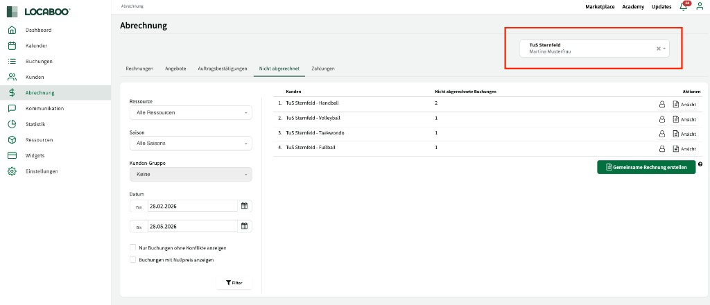Abrechnung mit Reiter Nicht abgerechnet, oben rechts hervorgehobenes Dropdown mit ausgewähltem Master-Kunden TuS Sternfeld und Liste der Unterkunden TuS Sternfeld – Handball, Volleyball, Taekwondo, Fußball mit Anzahl nicht abgerechneter Buchungen sowie Button Gemeinsame Rechnung erstellen