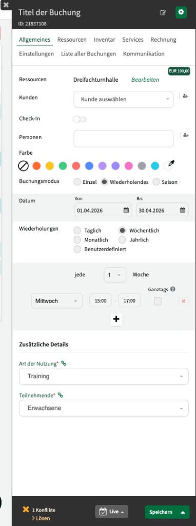 Die Buchungsseitenleiste mit dem Reiter Allgemeines