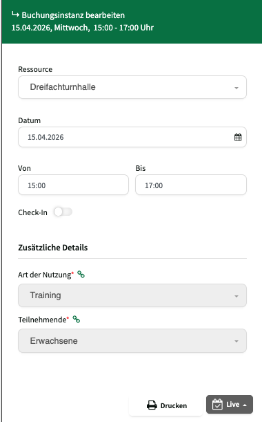Einzelne Buchungsinstanz bearbeiten mit Ressource, Datum und Uhrzeit