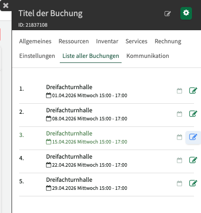Reiter Liste aller Buchungen mit einzelnen Instanzen