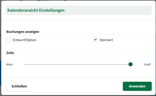 Kalenderansicht Einstellungen mit Optionen für Buchungen anzeigen und Zeilenhöhe