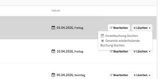 Löschen-Dropdown im Konfliktmanager mit Optionen für Einzelbuchung oder gesamte Serie