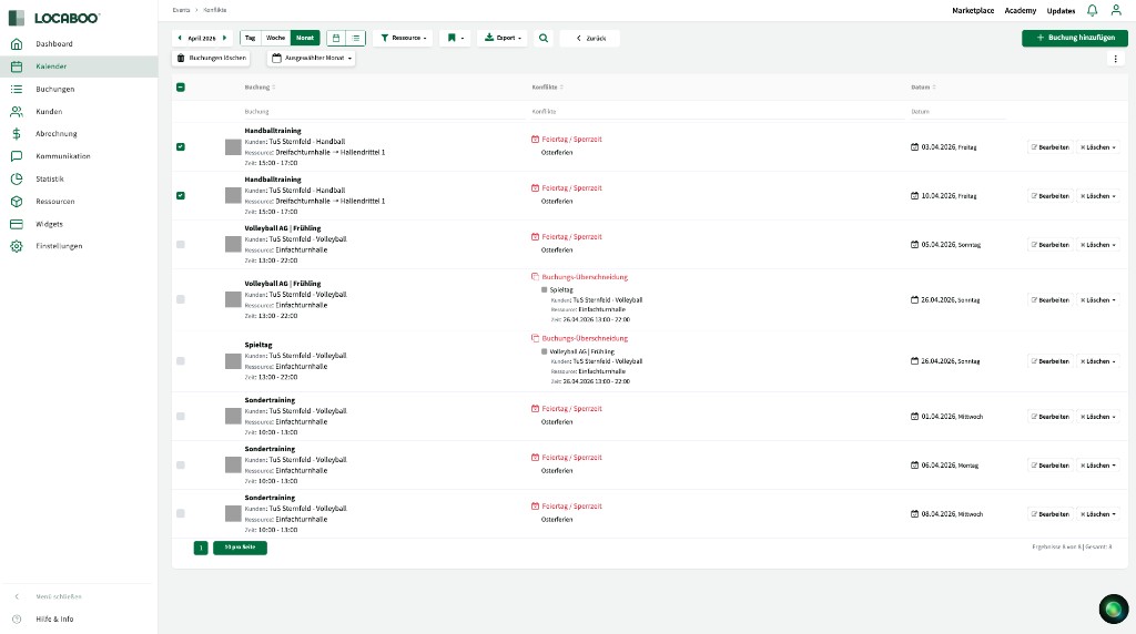Der Konfliktmanager im Kalender mit einer Liste aller Buchungskonflikte