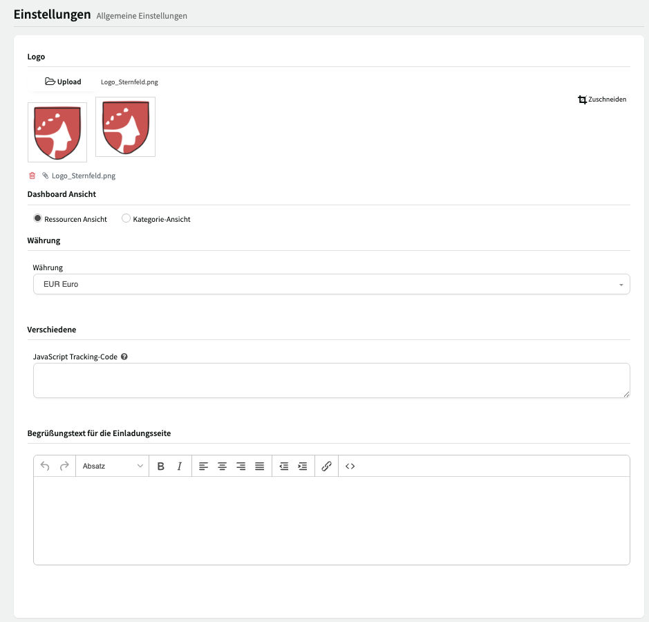 Allgemeine Einstellungen mit Logo-Upload, Dashboard-Ansicht, Währung und Tracking-Code