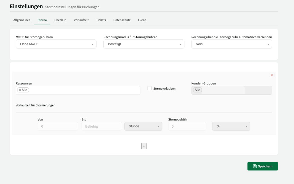 Stornoeinstellungen für Buchungen mit MwSt.-Behandlung, Rechnungsmodus, automatischem Versand und Staffelung