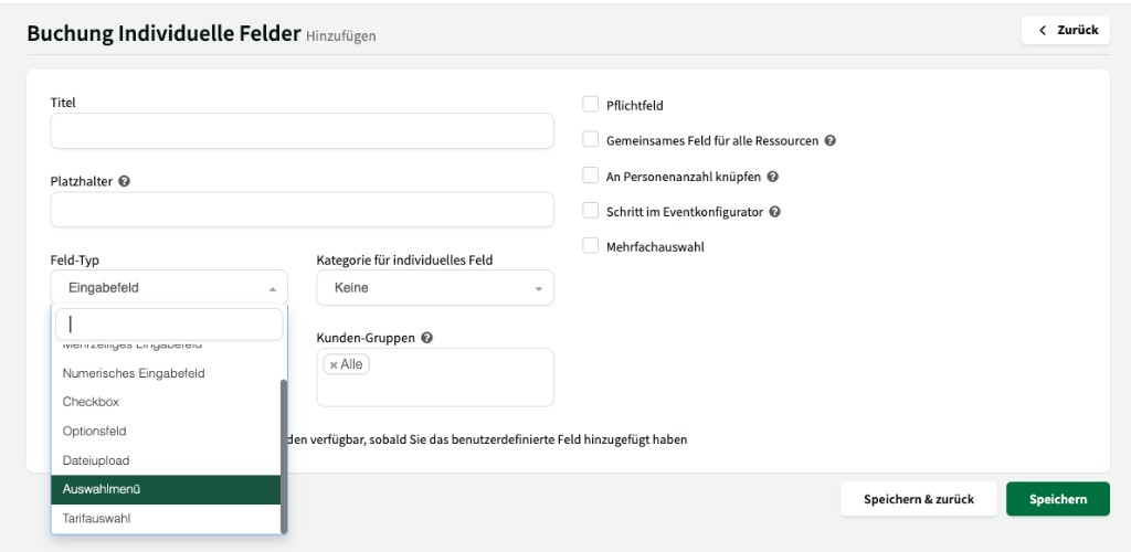 Dropdown mit allen verfügbaren Feldtypen
