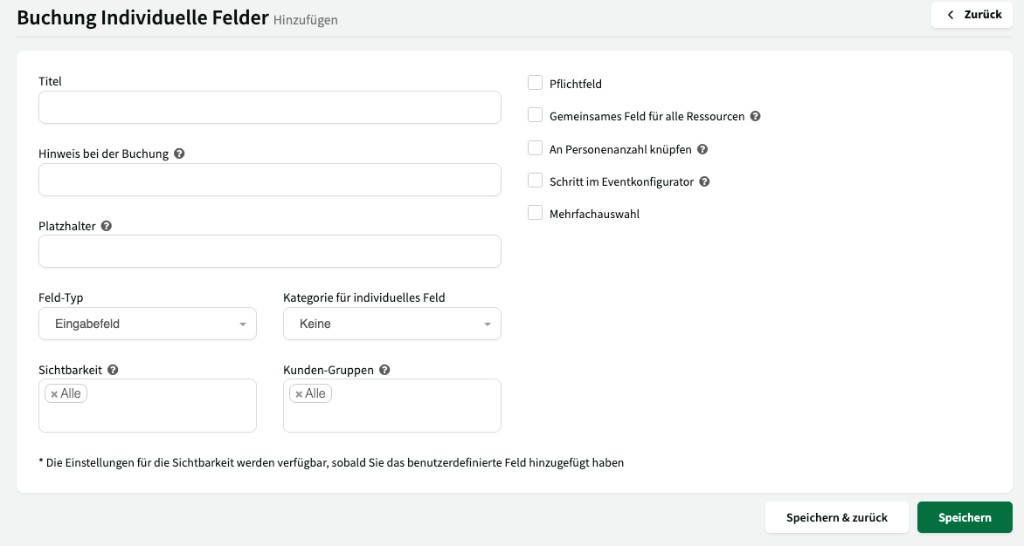 Individuelles Feld hinzufügen mit Titel, Platzhalter, Feld-Typ und Optionen