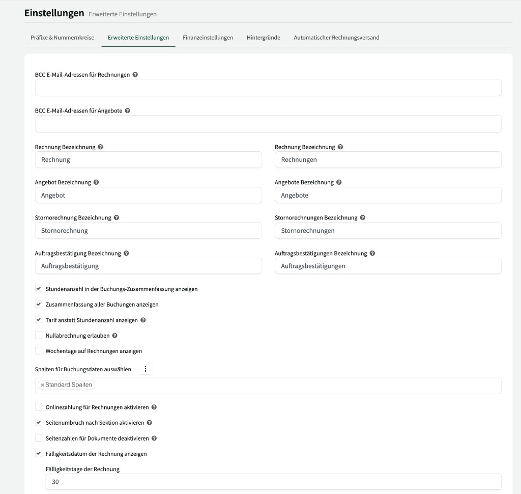 Erweiterte Rechnungseinstellungen: BCC, Bezeichnungen und Darstellungsoptionen