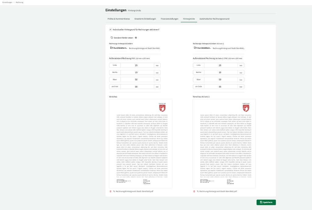 Rechnungshintergründe mit individuellem Hintergrund, Außenabständen und Vorschau