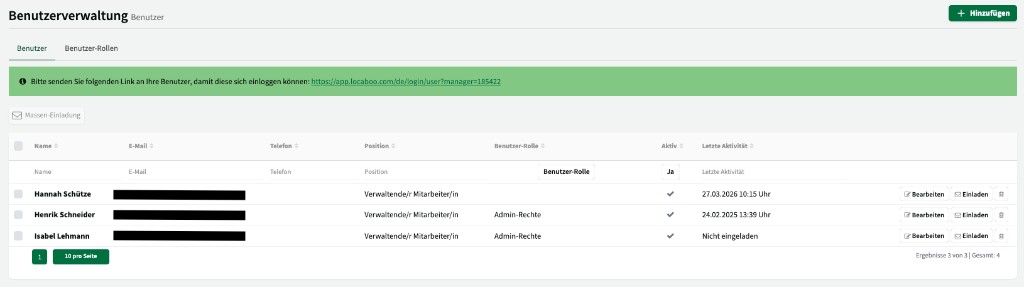User management: overview of all users with roles and last activity