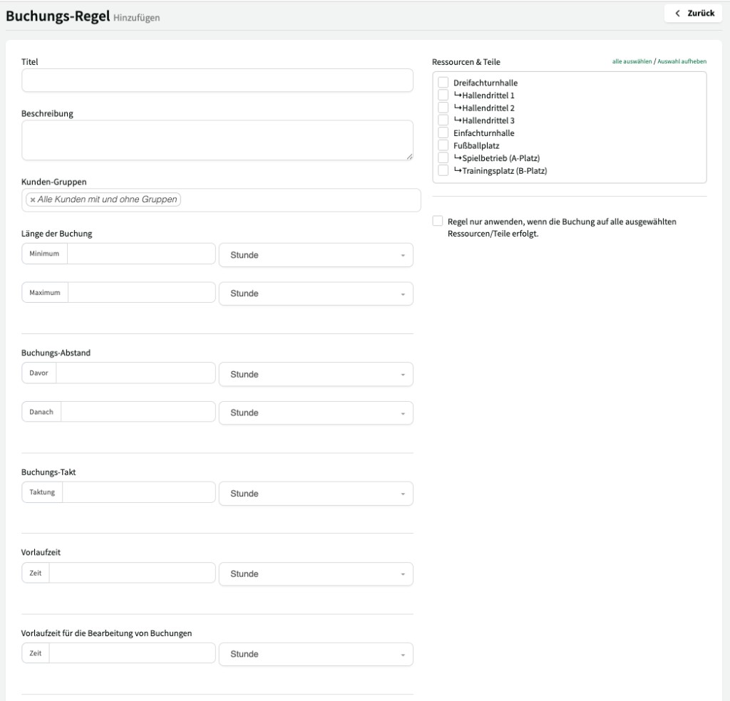 Buchungsregel hinzufügen: Titel, Ressourcen, Kundengruppen und Einstellungen