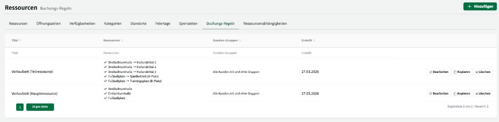 Buchungsregeln-Übersicht mit Regeln für Haupt- und Teilressourcen