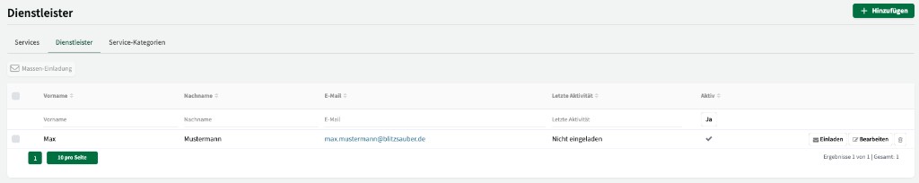 Dienstleister-Übersicht mit Kontaktdaten