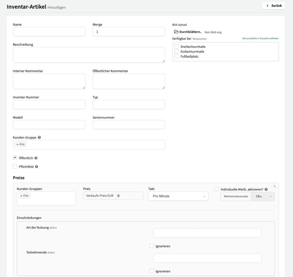 Inventar-Artikel hinzufügen: Name, Menge, Beschreibung und Ressourcen