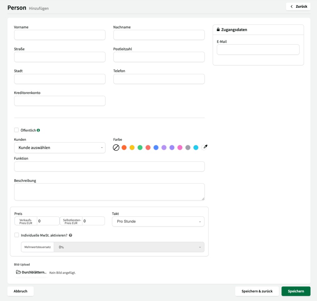 Person hinzufügen: Name und Kontaktdaten