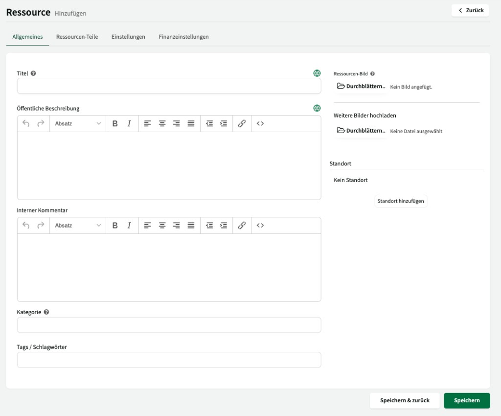 Ressource anlegen: Reiter Allgemeines mit Titel, Beschreibung und Bildern