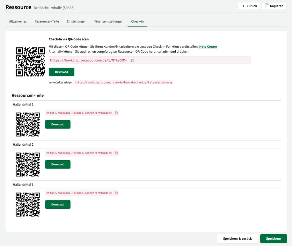 Check-In-Einstellungen einer Ressource