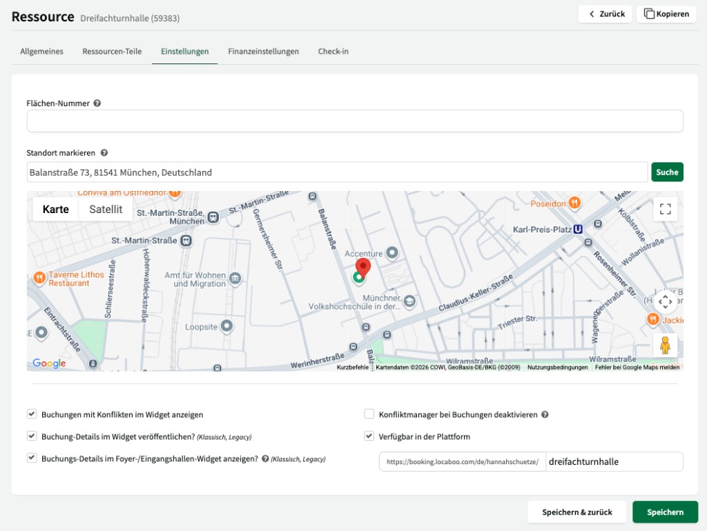 Ressource Einstellungen: Standort, Kartenansicht und Plattform-Verfügbarkeit