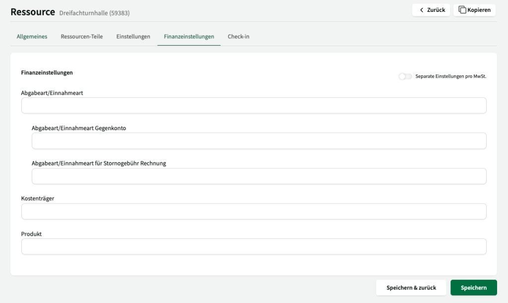 Finanzeinstellungen einer Ressource