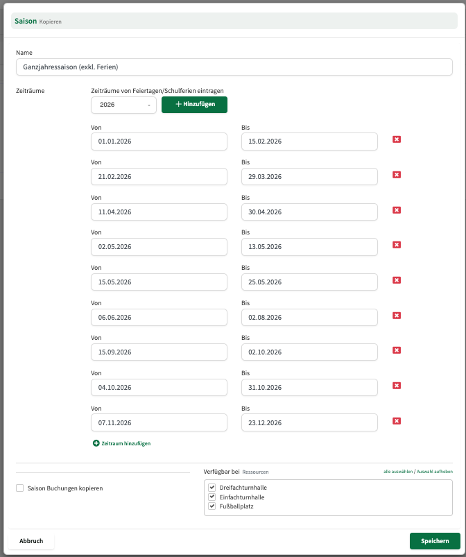 Saison kopieren: Zeiträume für das neue Jahr und Buchungen übernehmen