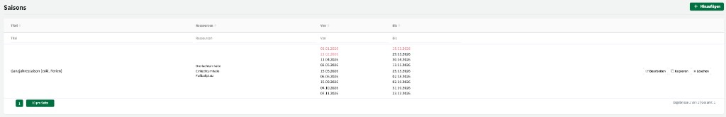 Saisons-Übersicht mit Ganzjahressaison und Zeiträumen