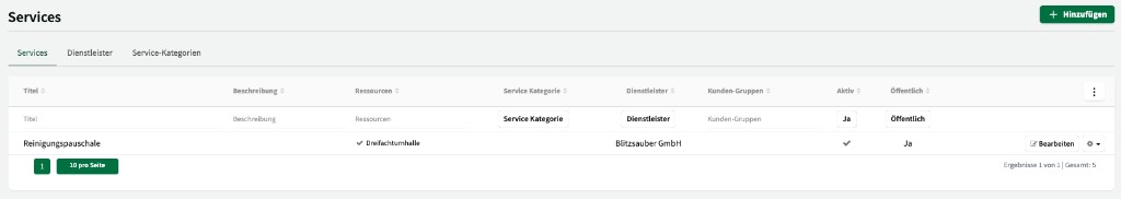 Services-Übersicht mit Dienstleister und Service-Kategorien