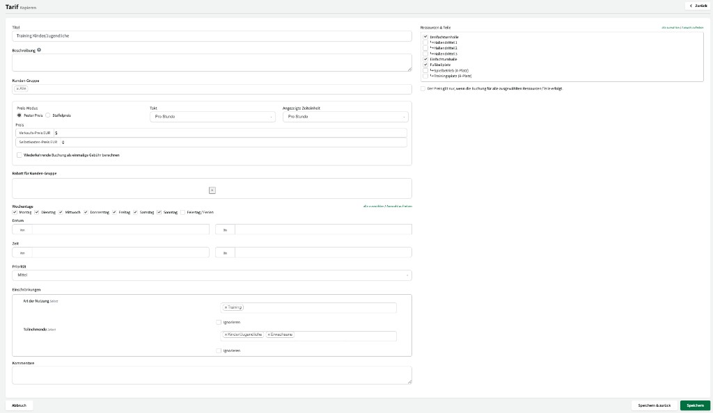 Tarif bearbeiten: Titel, Ressourcen, Preis-Modus und Einschränkungen