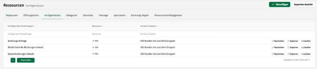 Verfügbarkeiten-Übersicht mit Buchungs-Anfrage und Saisonbuchungen