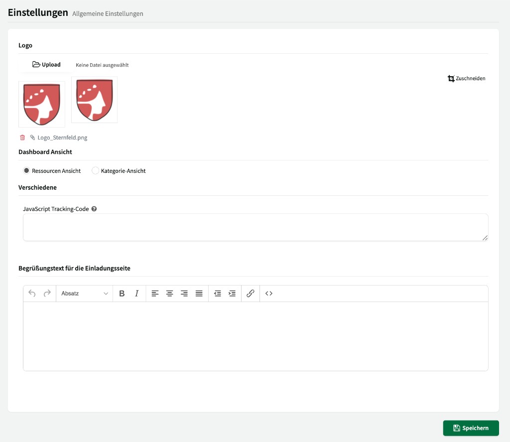 General settings with logo upload, dashboard view, and tracking code