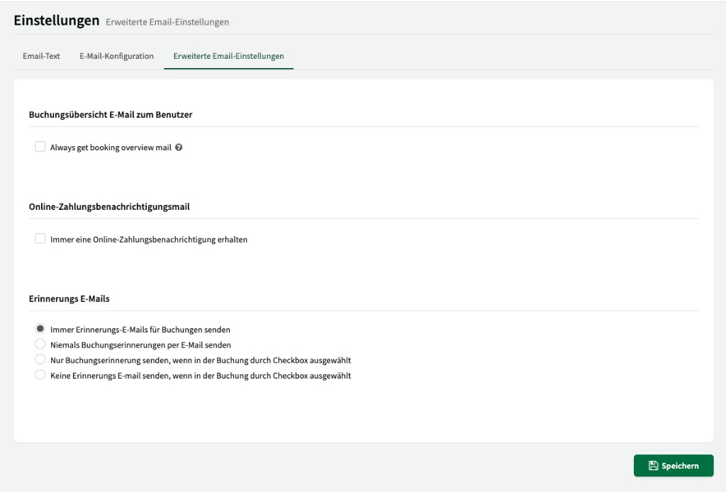 Erweiterte Email-Einstellungen mit Buchungsübersicht, Zahlungsbenachrichtigung und Erinnerungs-E-Mails