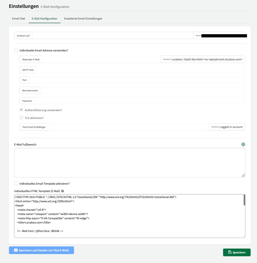 E-Mail-Konfiguration mit SMTP-Einstellungen, Fußbereich und individuellem HTML-Template