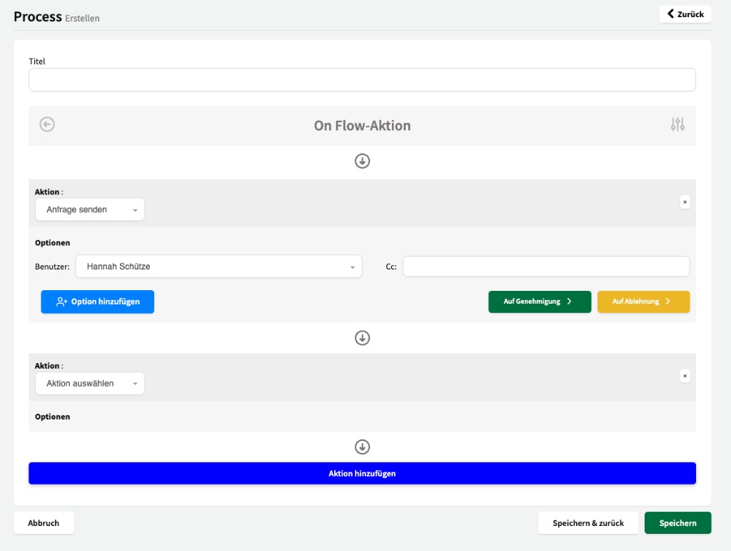 Dropdown mit Aktionstypen: E-Mail senden und Anfrage senden