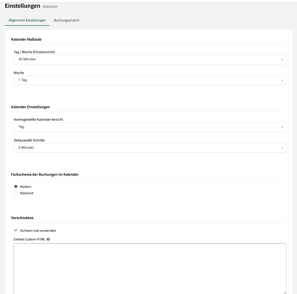 Kalendereinstellungen mit Maßstab, Ansicht und Farbschema