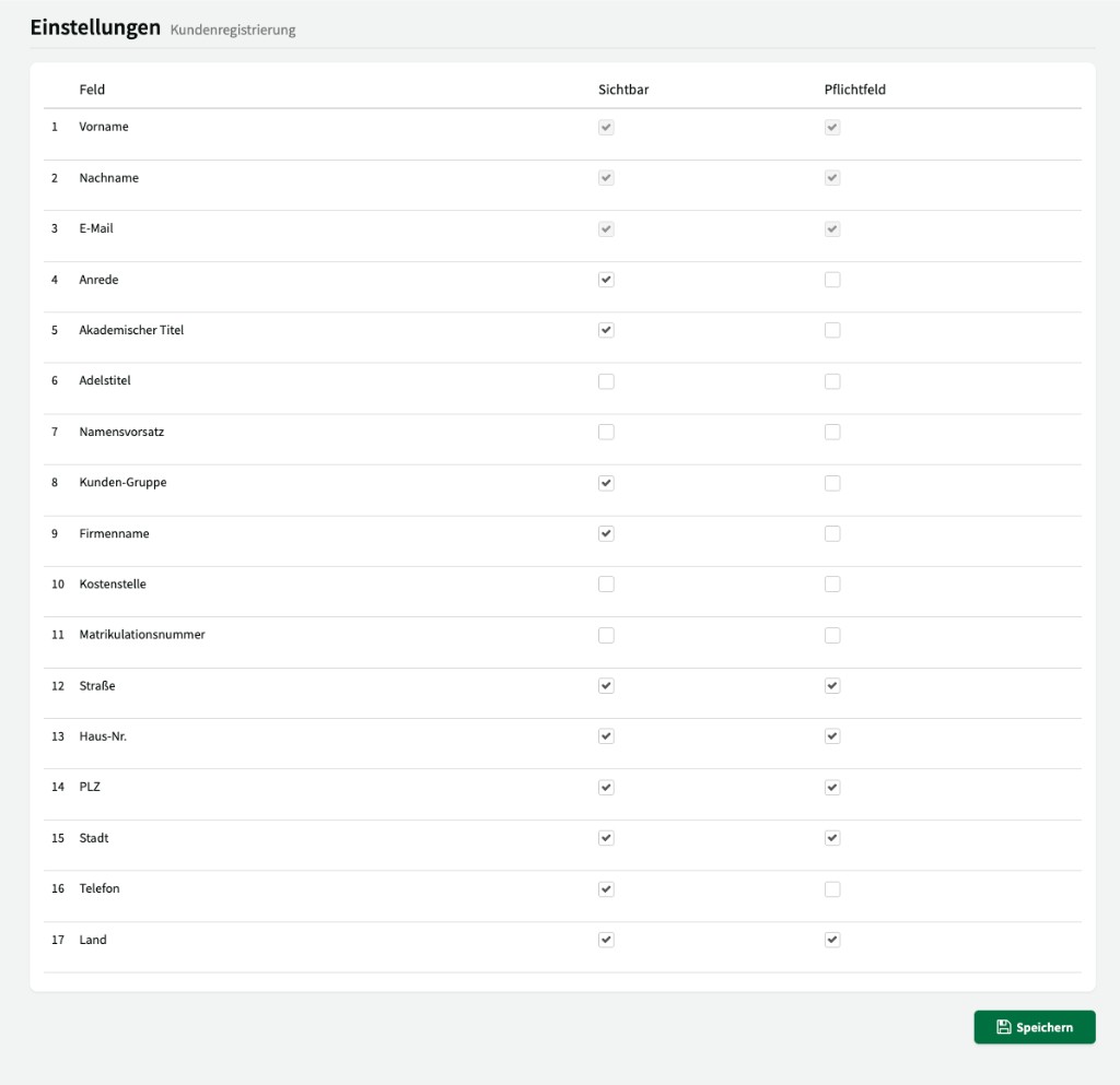Customer registration with fields, visibility, and required-field configuration