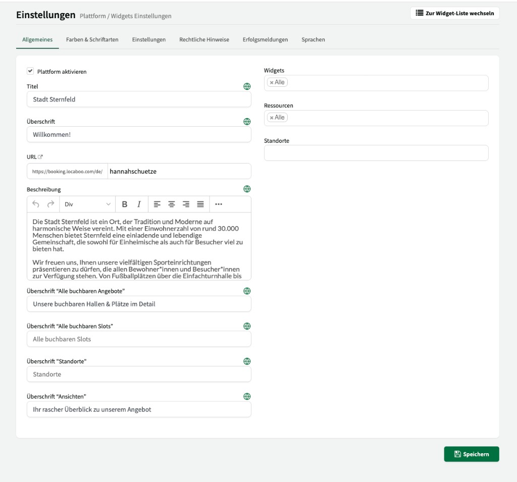 Reiter Allgemeines mit Plattform-Aktivierung, Titel, URL, Beschreibung und Ressourcenauswahl