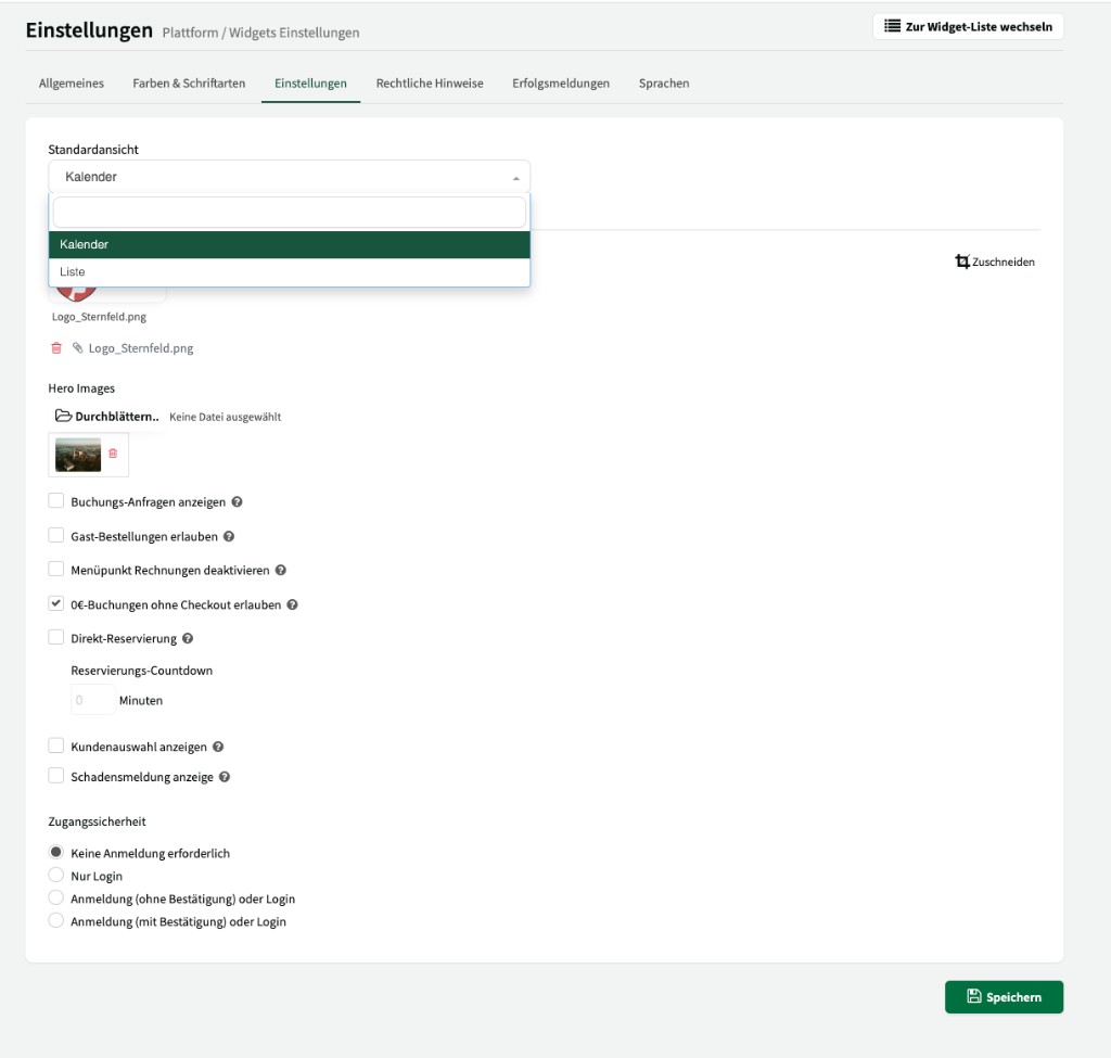 Dropdown Standardansicht mit Optionen Kalender und Liste