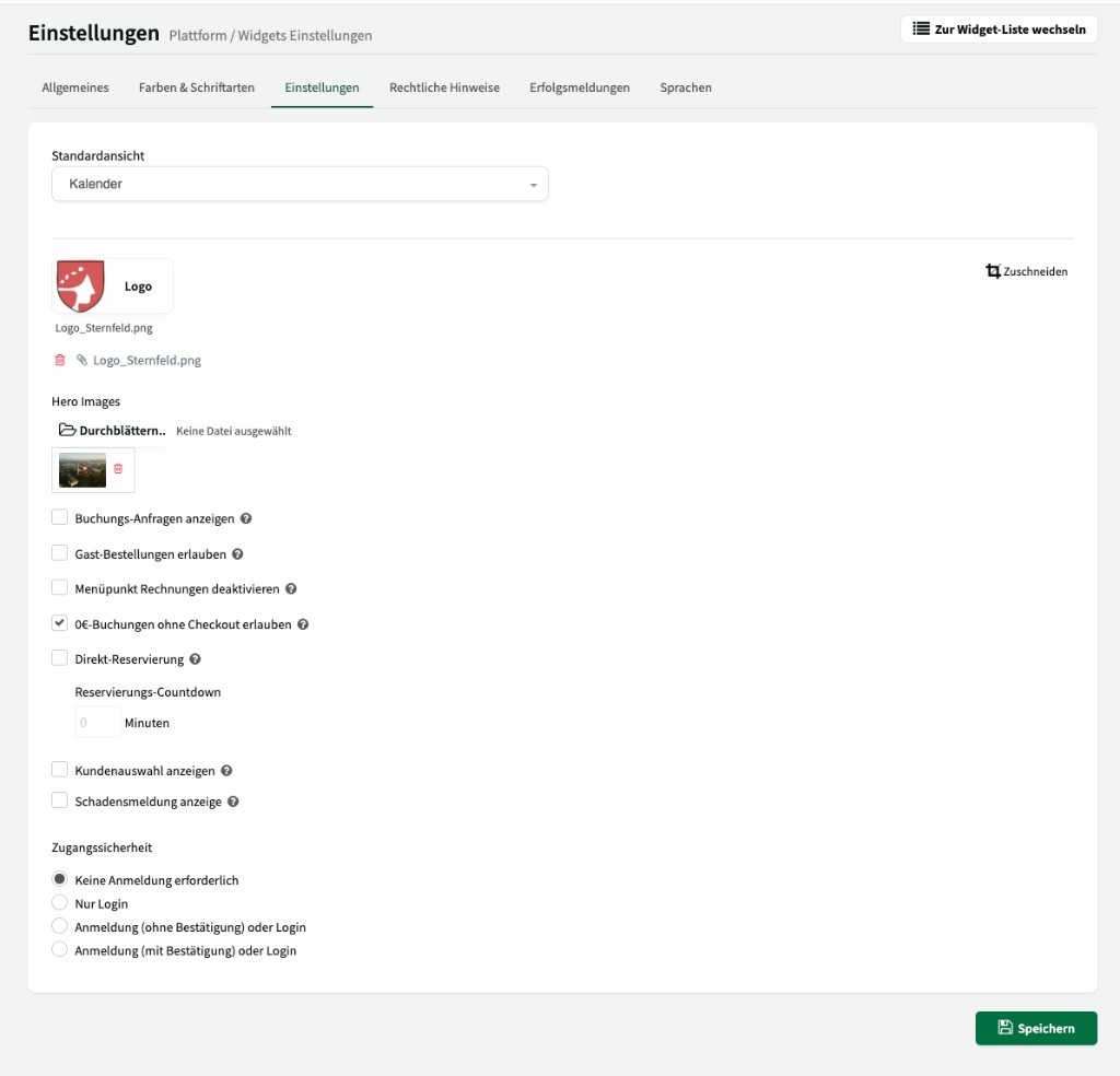 Reiter Einstellungen mit Standardansicht, Logo, Hero Images, Checkboxen und Zugangssicherheit