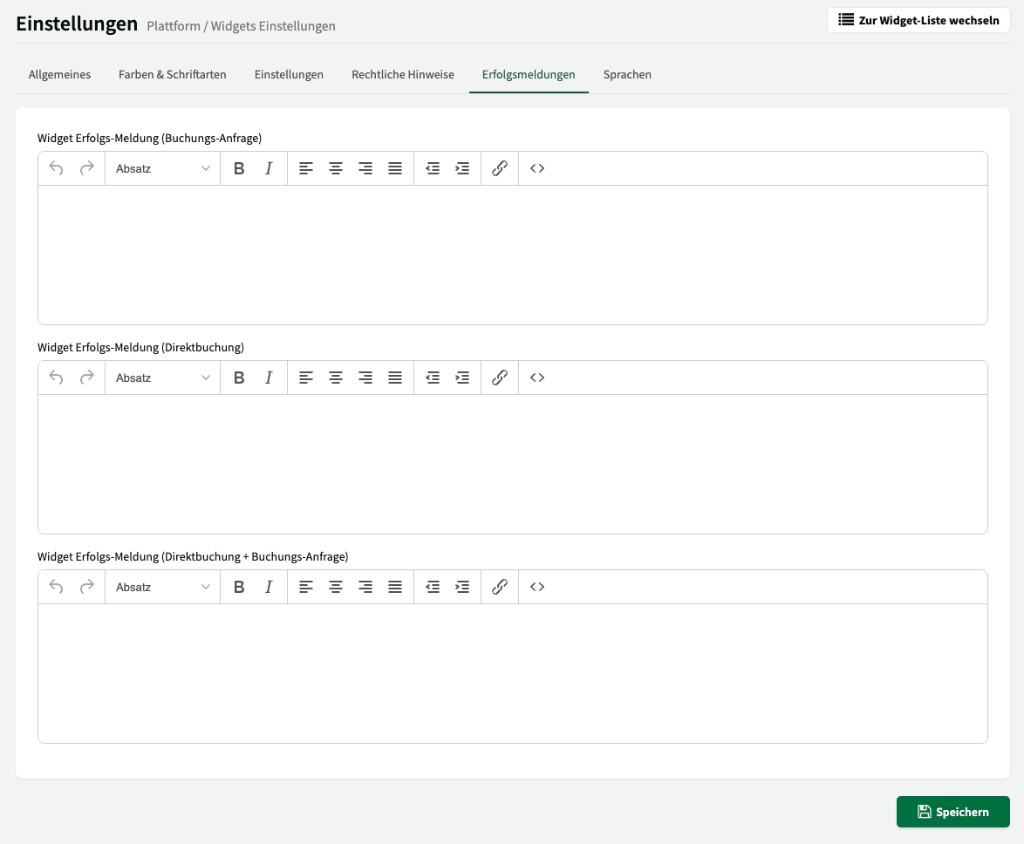 Reiter Erfolgsmeldungen mit drei Rich-Text-Editoren für verschiedene Buchungstypen