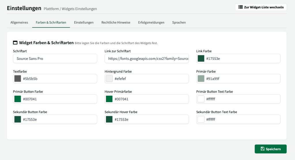 Reiter Farben & Schriftarten mit Schriftart, Farbeinstellungen für Text, Buttons und Hintergrund