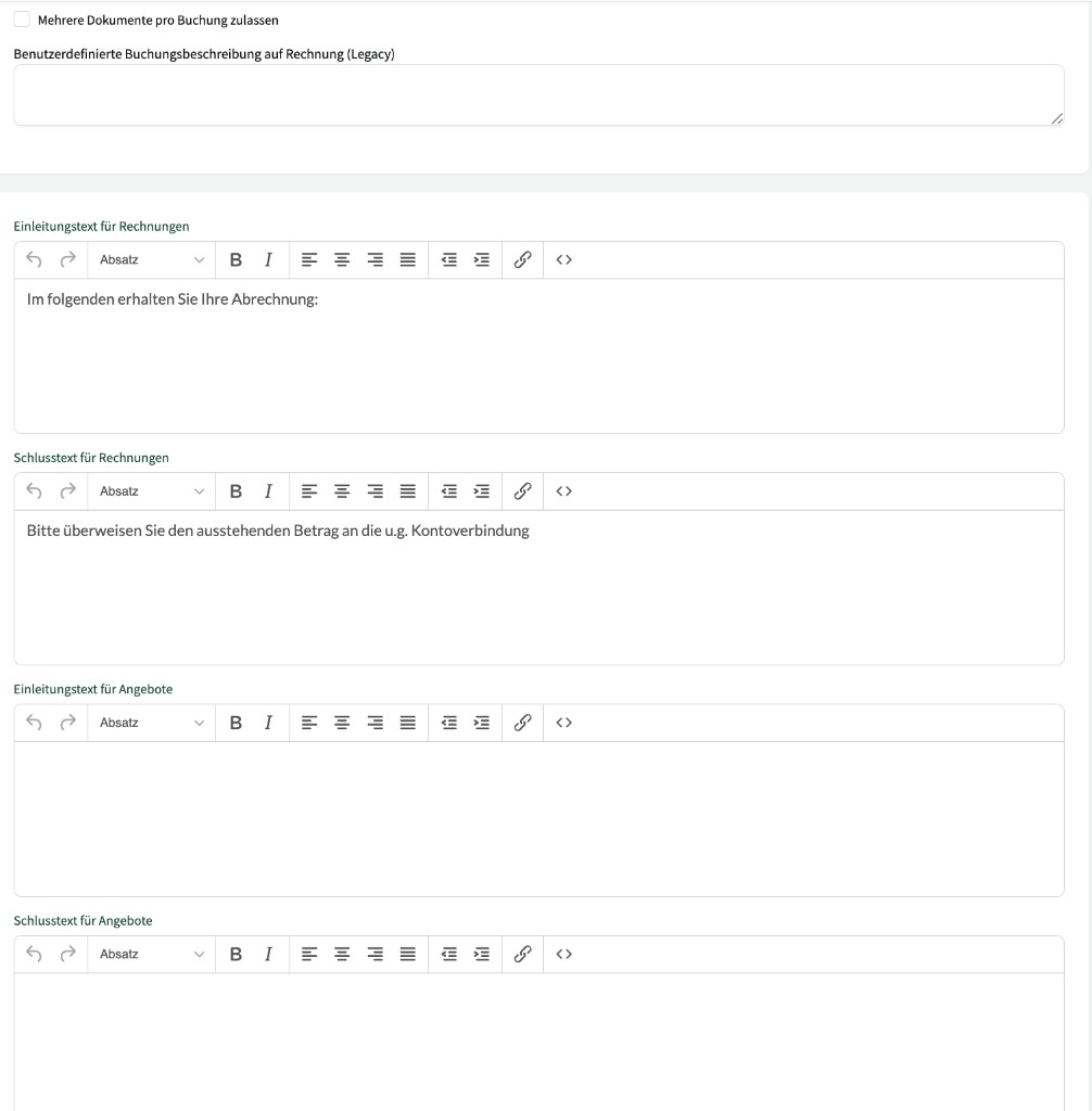 Introduction and closing texts for invoices and quotes