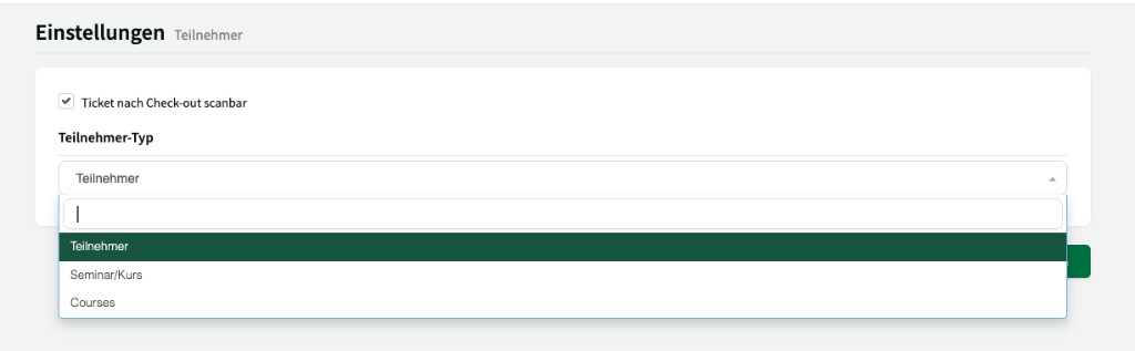 Dropdown-Auswahl für den Teilnehmer-Typ mit Optionen Teilnehmer, Seminar/Kurs und Courses