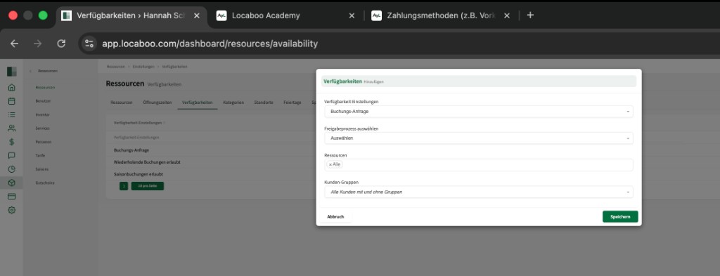 Verfügbarkeit hinzufügen mit Dropdown zur Auswahl des Freigabeprozesses