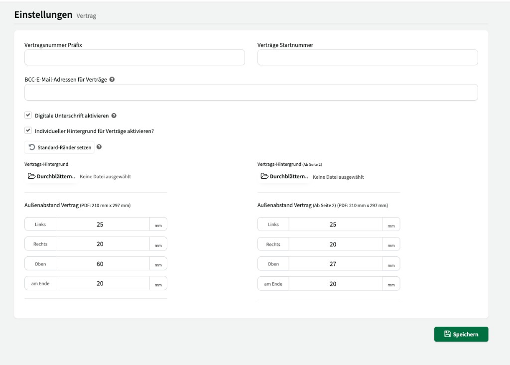 Vertragseinstellungen mit Nummernkreis, BCC, digitaler Unterschrift und individuellem Hintergrund